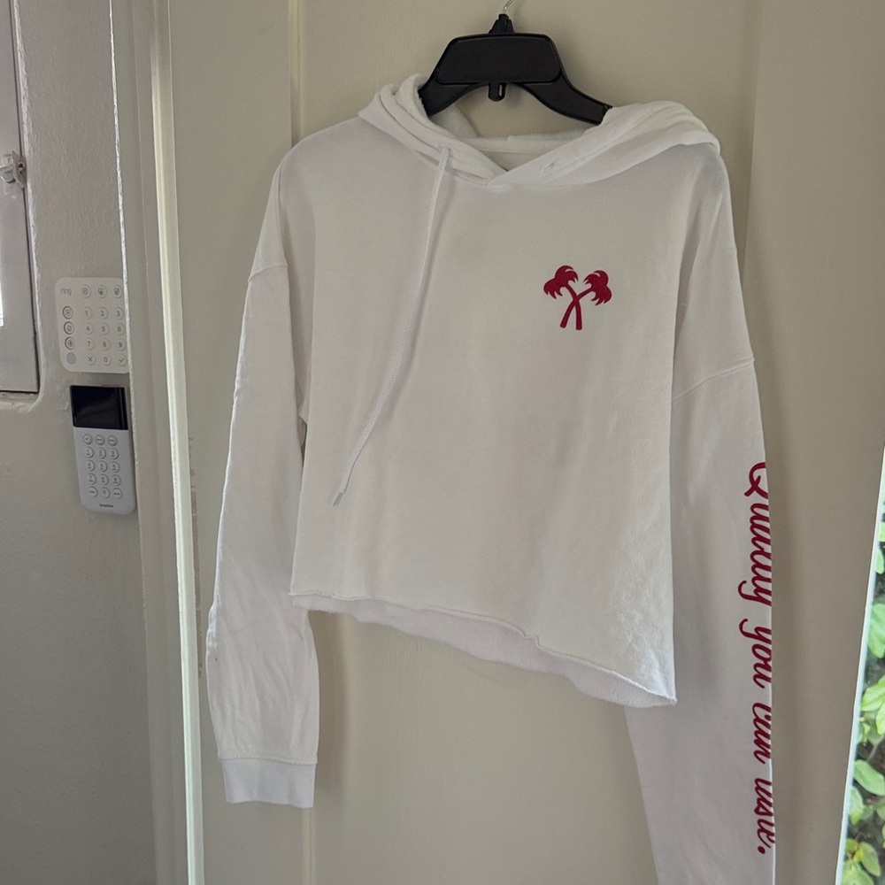 White Cropped Hoodie Sweatshirt with Red Palm Motif